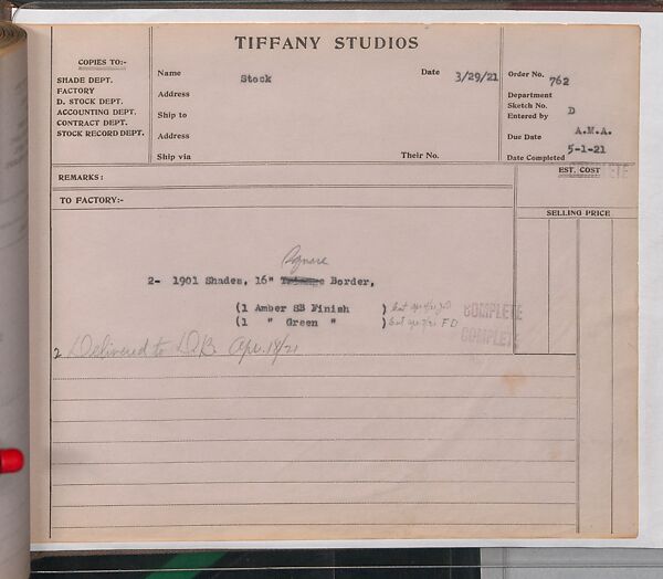 Tiffany Studios Lamp Department Ledger Book, Tiffany Studios (1902–32), pencil and ink on paper, American