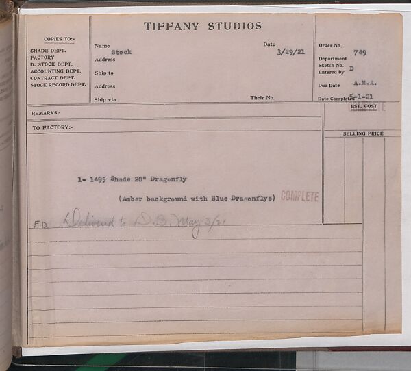 Tiffany Studios Lamp Department Ledger Book, Tiffany Studios (1902–32), pencil and ink on paper, American