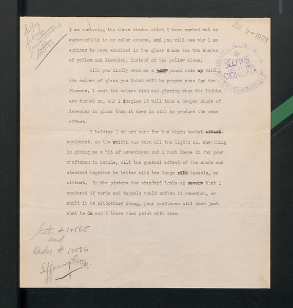 Tiffany Studios Lamp Department Ledger Book, Tiffany Studios (1902–32), pencil and ink on paper, American