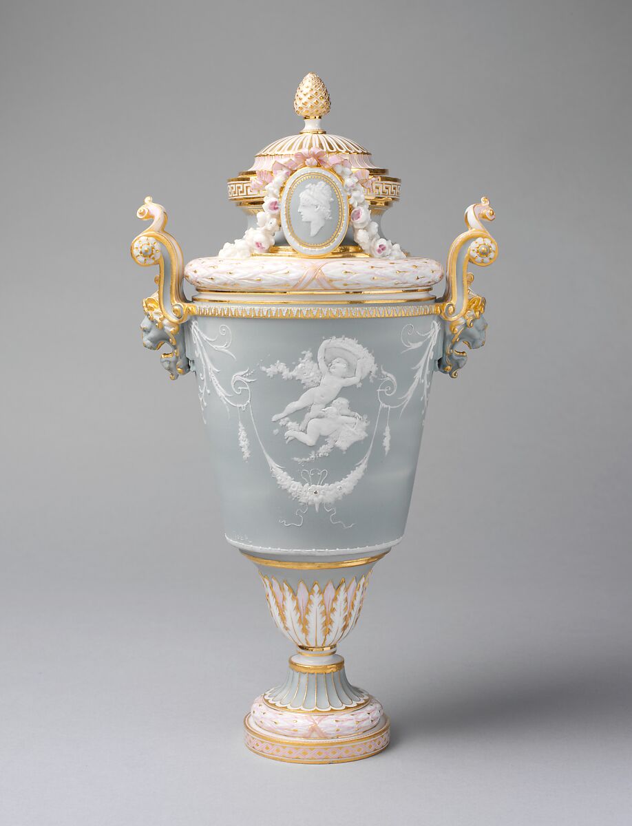 Vase with cover (vase parent), Modeled by Albert-Ernest Carrier-Belleuse (French, Anizy-le-Château 1824–1887 Sèvres), Hard-paste porcelain, French, Sèvres 