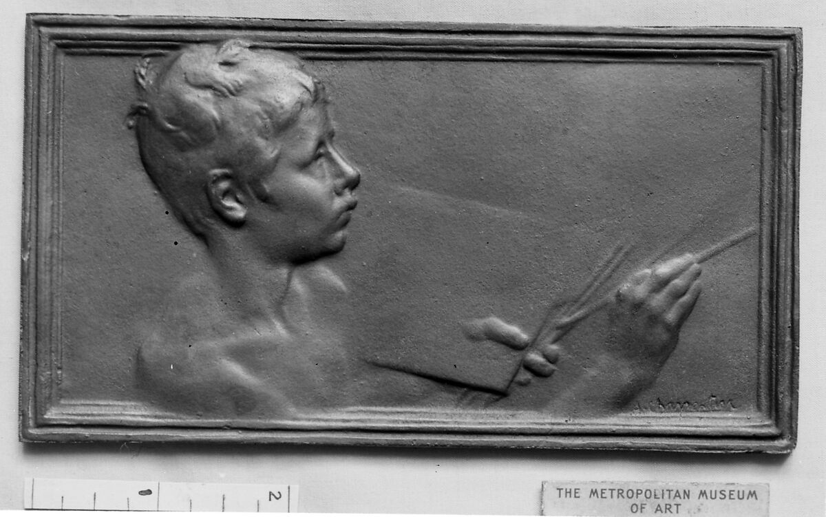 Nude bust of a boy painting (La Peinture) (one of a pair of designs for lock-plates), Alexandre-Louis-Marie Charpentier (French, Paris 1856–1909 Neuilly), Bronze, cast, oblong, rectangular, single, French 