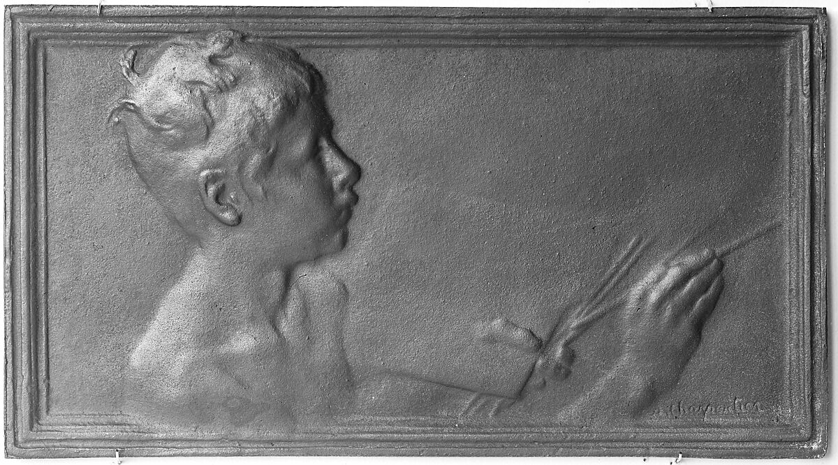 Nude bust of a boy painting (La Peinture) (one of a pair of designs for lock-plates), Alexandre-Louis-Marie Charpentier (French, Paris 1856–1909 Neuilly), Bronze, cast, oblong, rectangular, single, French