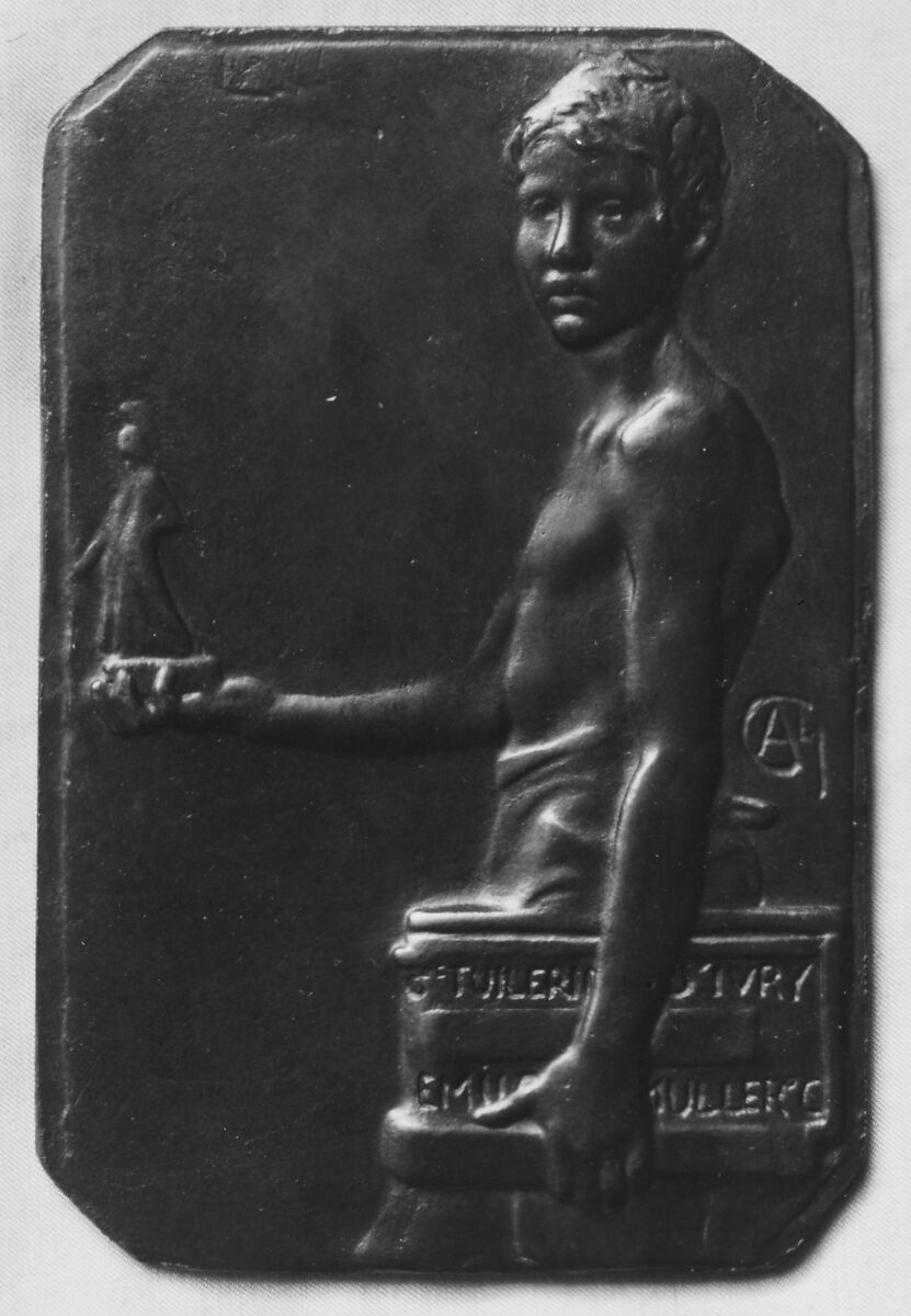 Advertisement for the Müller Potteries at Ivry, Alexandre-Louis-Marie Charpentier (French, Paris 1856–1909 Neuilly), Bronze, cast, single, French 