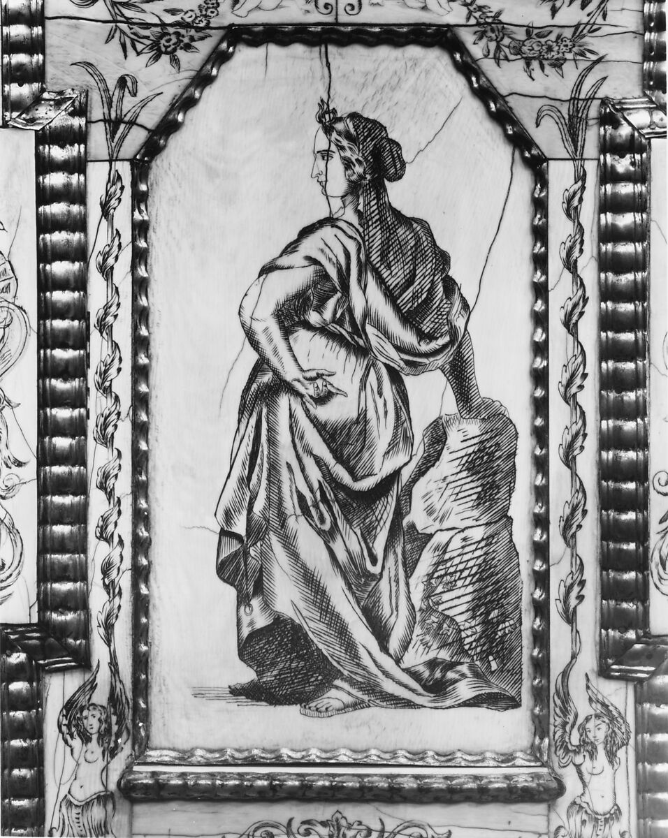 Cabinet, Cabinetry by the workshop of Melchior Baumgartner (German) (1621–1686), Oak, pine, walnut, cedar, ebony, and rosewood; ivory veneer and silver veneer; silver; silver-gilt moldings; gilded yellow-metal mounts; the drawers lined with aquamarine-colored silk, German, Augsburg