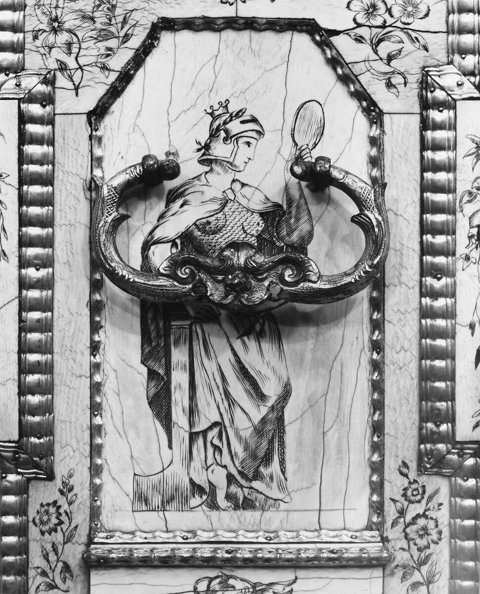 Cabinet, Cabinetry by the workshop of Melchior Baumgartner (German) (1621–1686), Oak, pine, walnut, cedar, ebony, and rosewood; ivory veneer and silver veneer; silver; silver-gilt moldings; gilded yellow-metal mounts; the drawers lined with aquamarine-colored silk, German, Augsburg