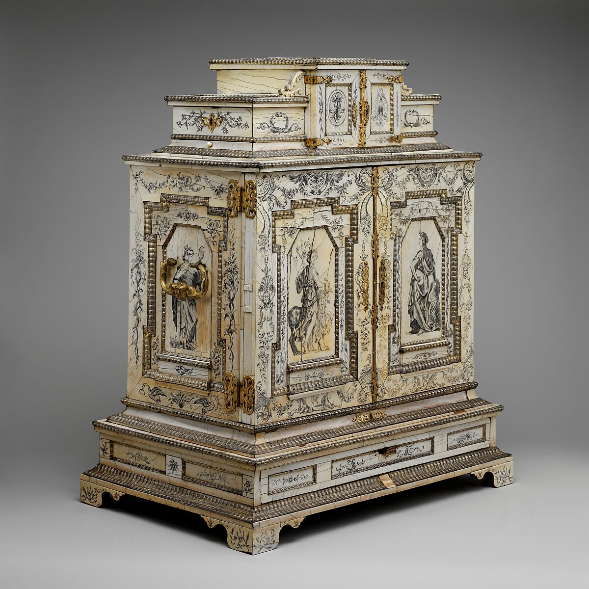Cabinet, Cabinetry by the workshop of Melchior Baumgartner (German) (1621–1686), Oak, pine, walnut, cedar, ebony, and rosewood; ivory veneer and silver veneer; silver; silver-gilt moldings; gilded yellow-metal mounts; the drawers lined with aquamarine-colored silk, German, Augsburg