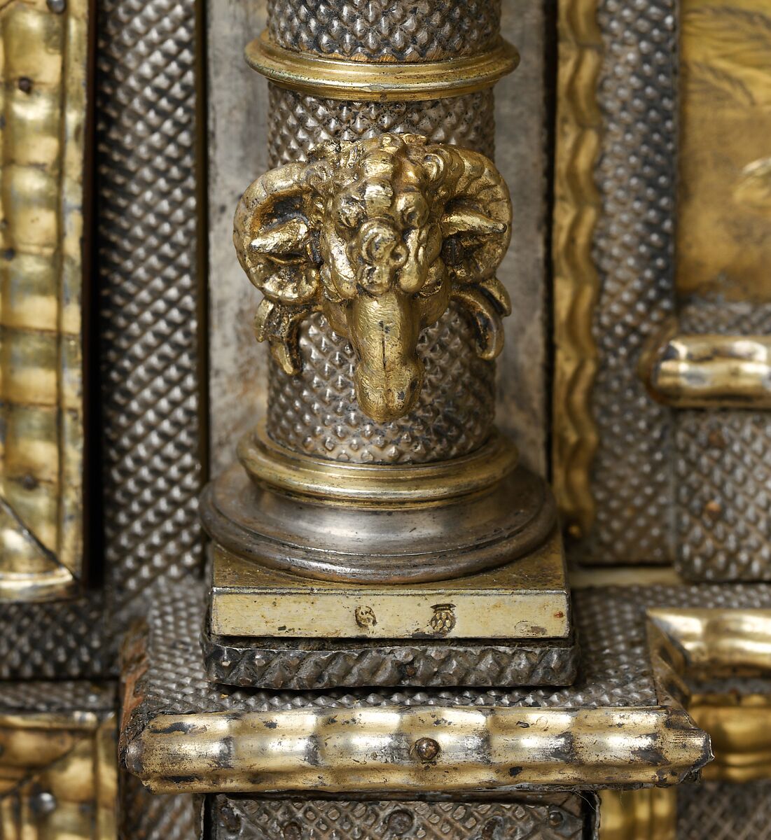 Cabinet, Cabinetry by the workshop of Melchior Baumgartner (German) (1621–1686), Oak, pine, walnut, cedar, ebony, and rosewood; ivory veneer and silver veneer; silver; silver-gilt moldings; gilded yellow-metal mounts; the drawers lined with aquamarine-colored silk, German, Augsburg