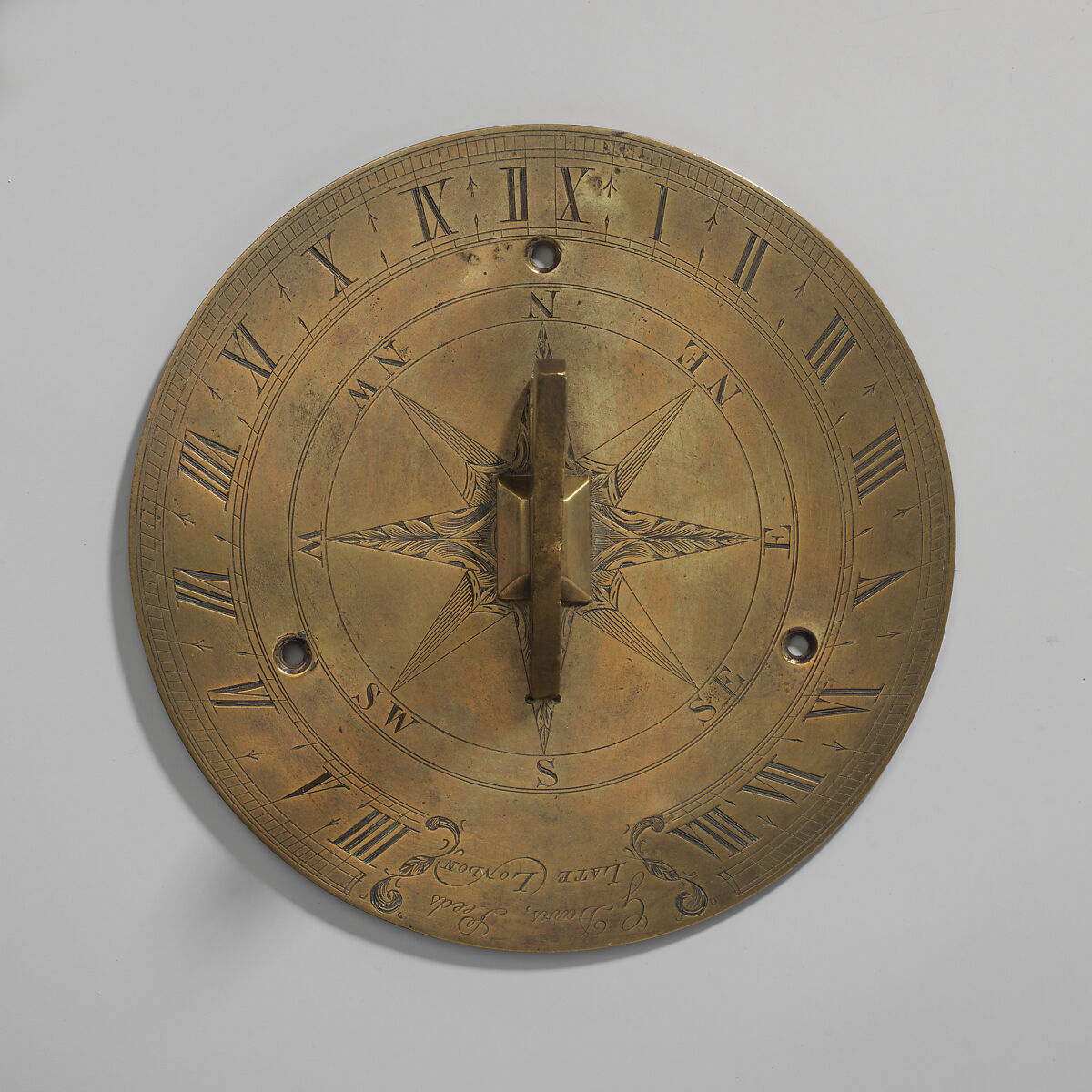 Stationary horizontal sundial, George (?) Davis (working 1720), Brass, British, Leeds