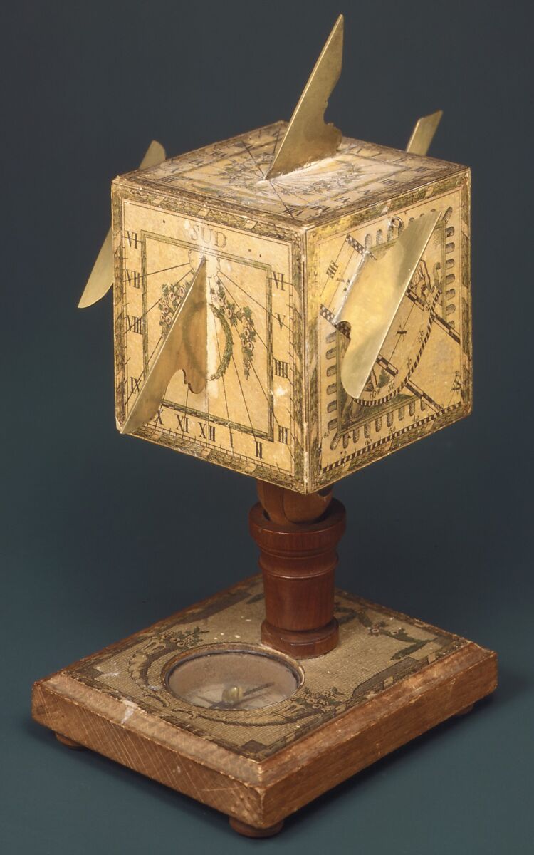 Portable cube sundial, David Beringer, Fruitwood and paper, German, Nuremberg