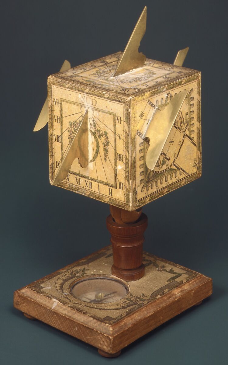 Portable cube sundial, David Beringer (1756–1821), Fruitwood and paper, German, Nuremberg 