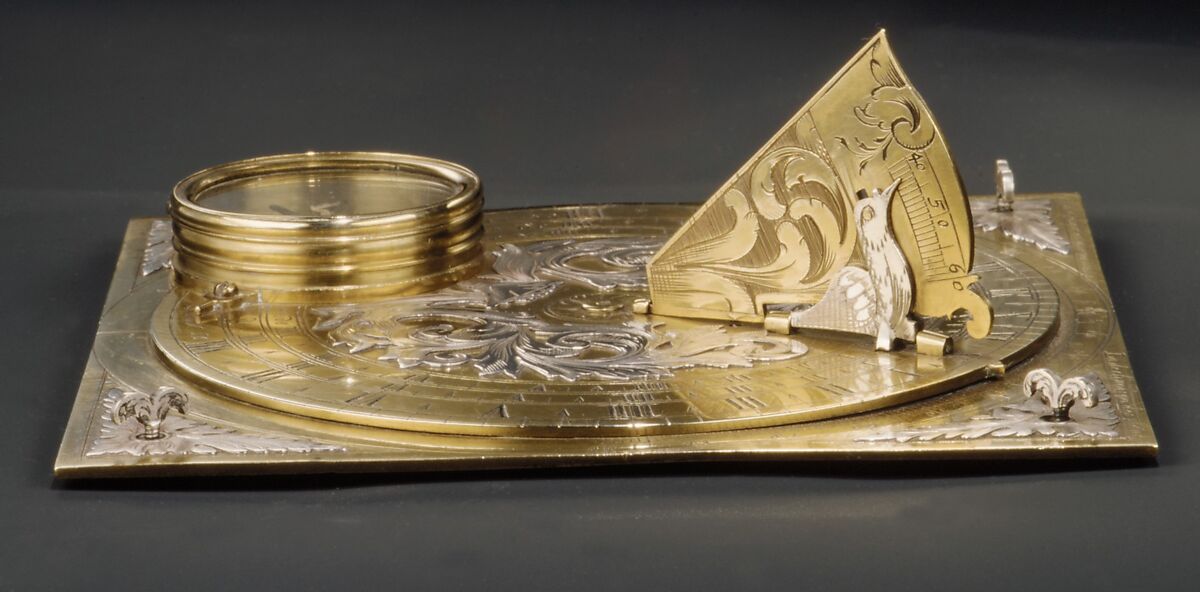 Combination portable sundial and instrument for calibrating sundials, Brass, silver, French