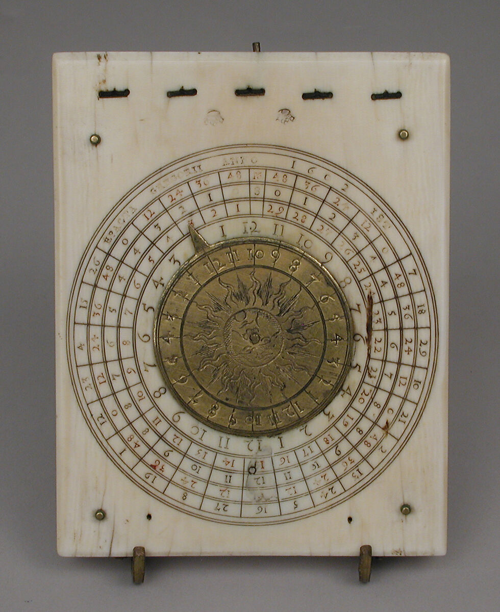 Portable diptych sundial, Paulus Reinman (German, active 1575–1609), Ivory, brass, German, Nuremberg