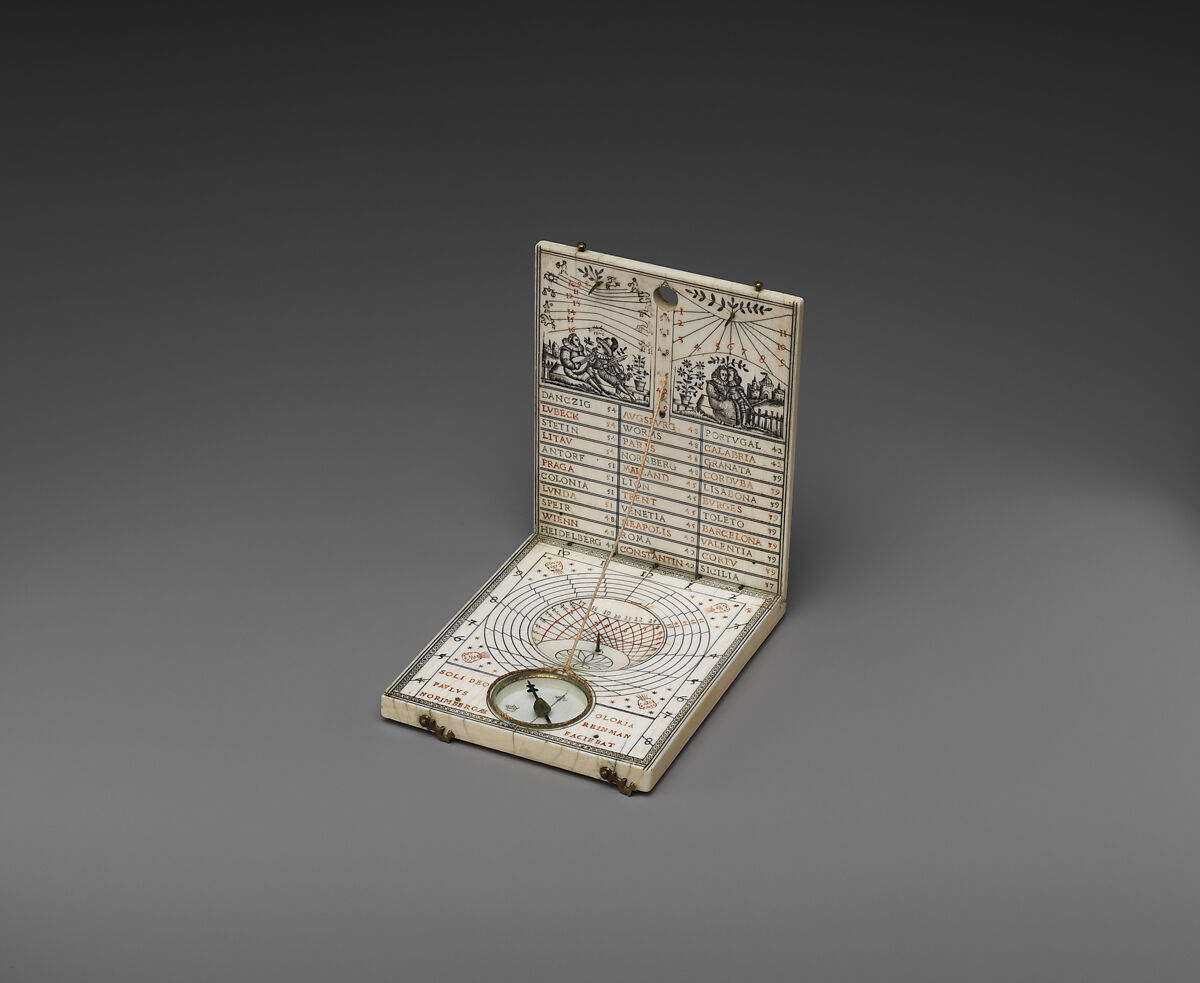 Portable diptych sundial, Paulus Reinman (German, active 1575–1609), Ivory, brass, German, Nuremberg 