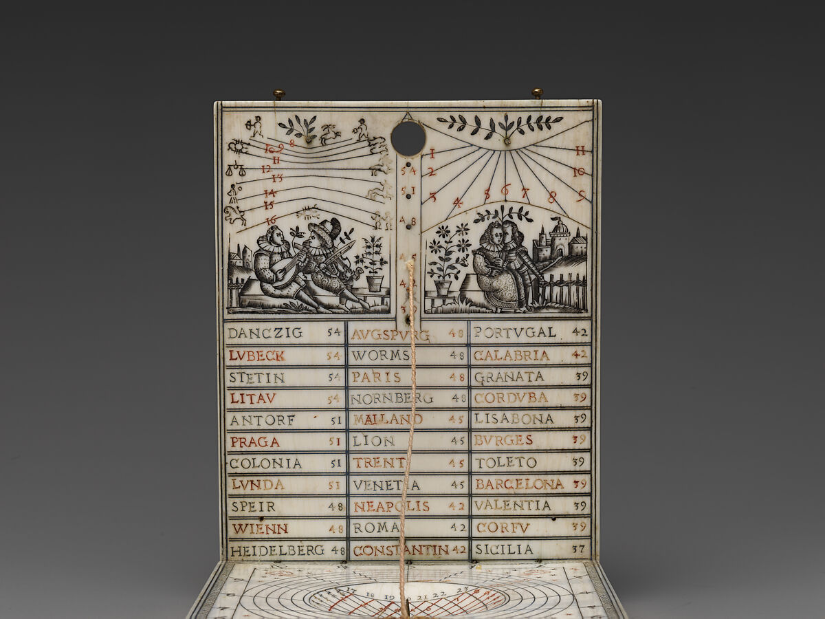 Portable diptych sundial, Paulus Reinman (German, active 1575–1609), Ivory, brass, German, Nuremberg