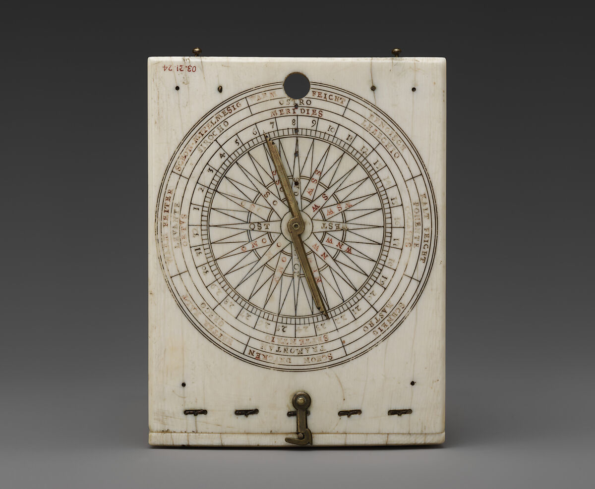 Portable diptych sundial, Paulus Reinman (German, active 1575–1609), Ivory, brass, German, Nuremberg