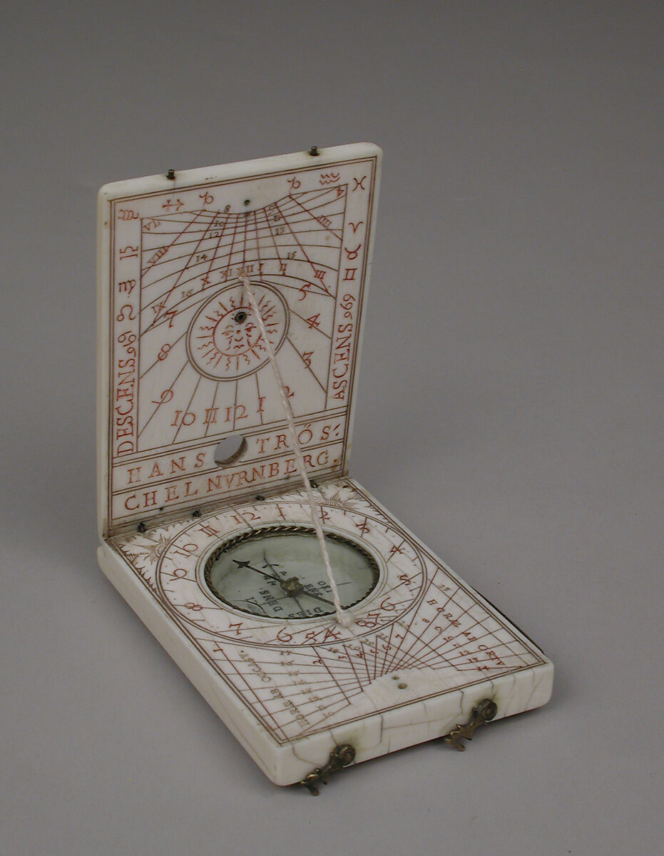 Portable diptych sundial, Hans Tröschel the Elder (German, 1549–1612), Ivory, brass, German, Nuremberg