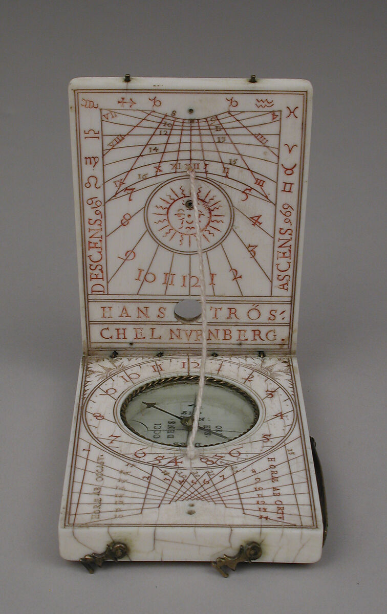Portable diptych sundial, Hans Tröschel the Elder (German, 1549–1612), Ivory, brass, German, Nuremberg
