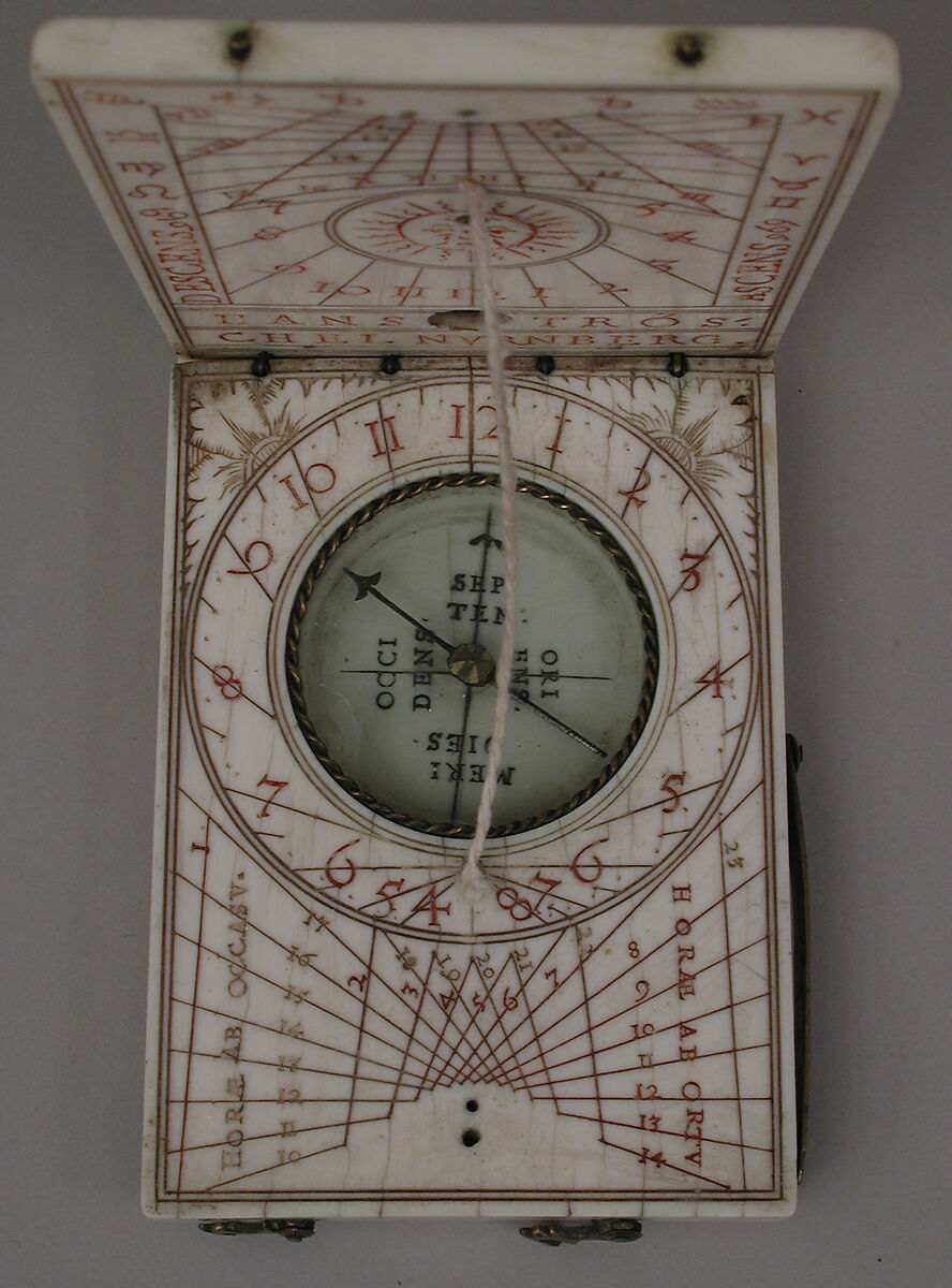 Portable diptych sundial, Hans Tröschel the Elder (German, 1549–1612), Ivory, brass, German, Nuremberg