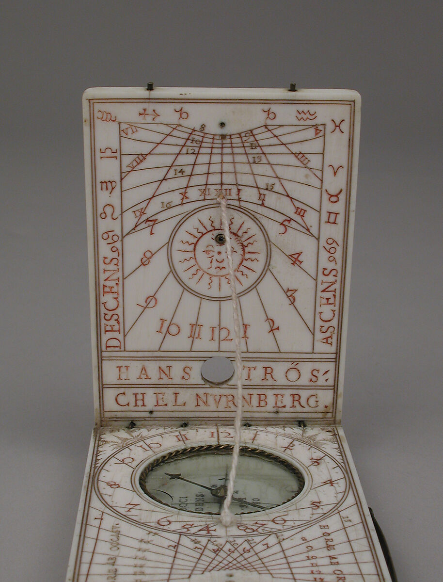 Portable diptych sundial, Hans Tröschel the Elder (German, 1549–1612), Ivory, brass, German, Nuremberg