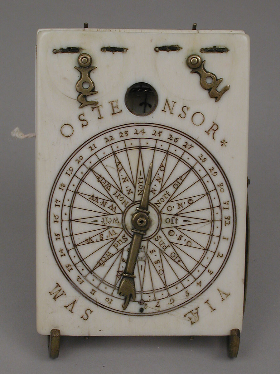 Portable diptych sundial, Hans Tröschel the Elder (German, 1549–1612), Ivory, brass, German, Nuremberg