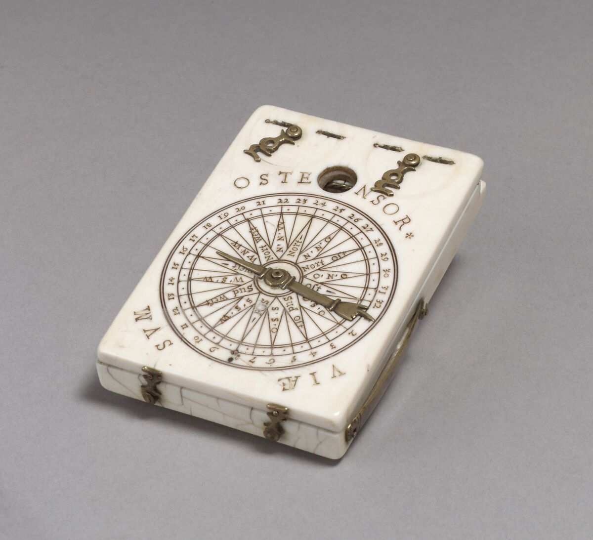 Portable diptych sundial, Hans Tröschel the Elder (German, 1549–1612), Ivory, brass, German, Nuremberg