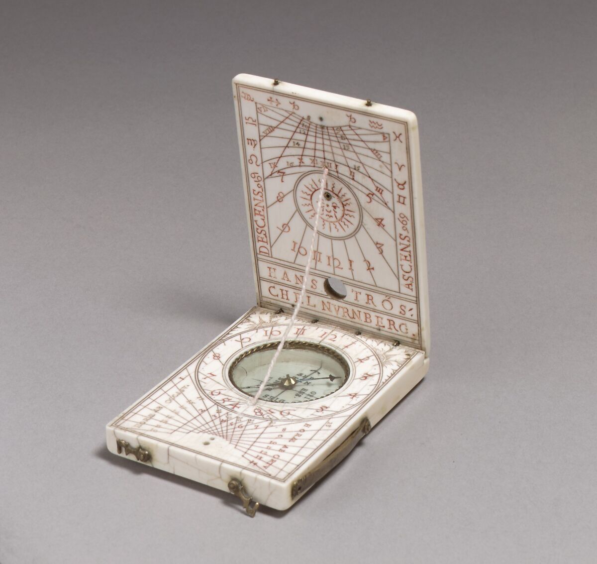 Portable diptych sundial, Hans Tröschel the Elder (German, 1549–1612), Ivory, brass, German, Nuremberg 