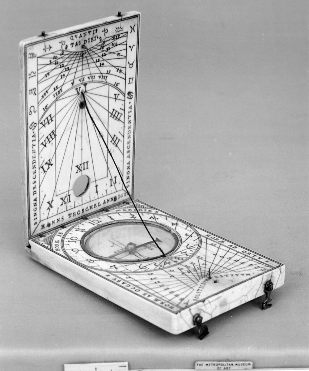 Portable diptych sundial, Hans Tröschel the Younger (German, probably born 1599, died before 1634), Ivory, brass, German, Nuremberg 