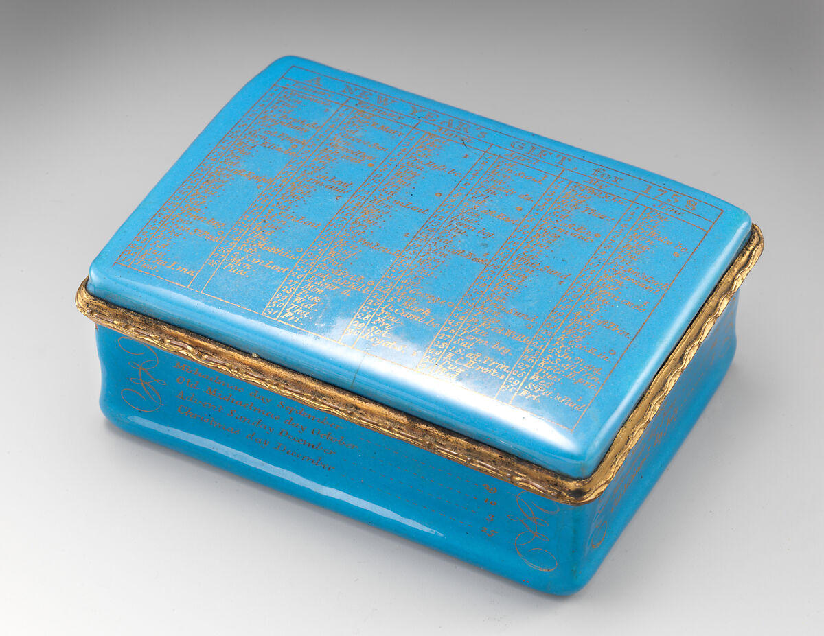 Box with calendar and saints' days for 1758, Probably enameled by Anthony Tregent, Copper, enamel, British, South Staffordshire with London enamel 