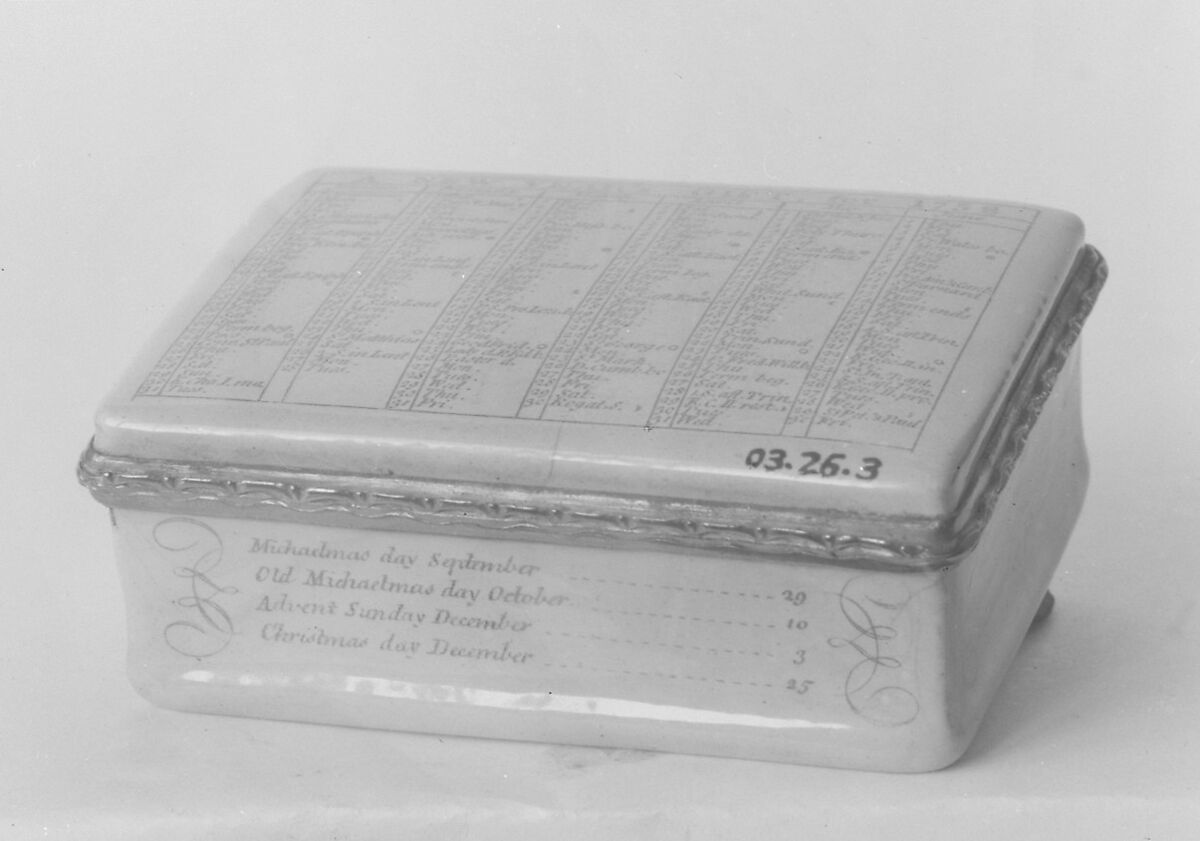 Snuffbox with calendar and saints' days for 1758, Probably enameled by Anthony Tregent, Copper, enamel, British, probably London