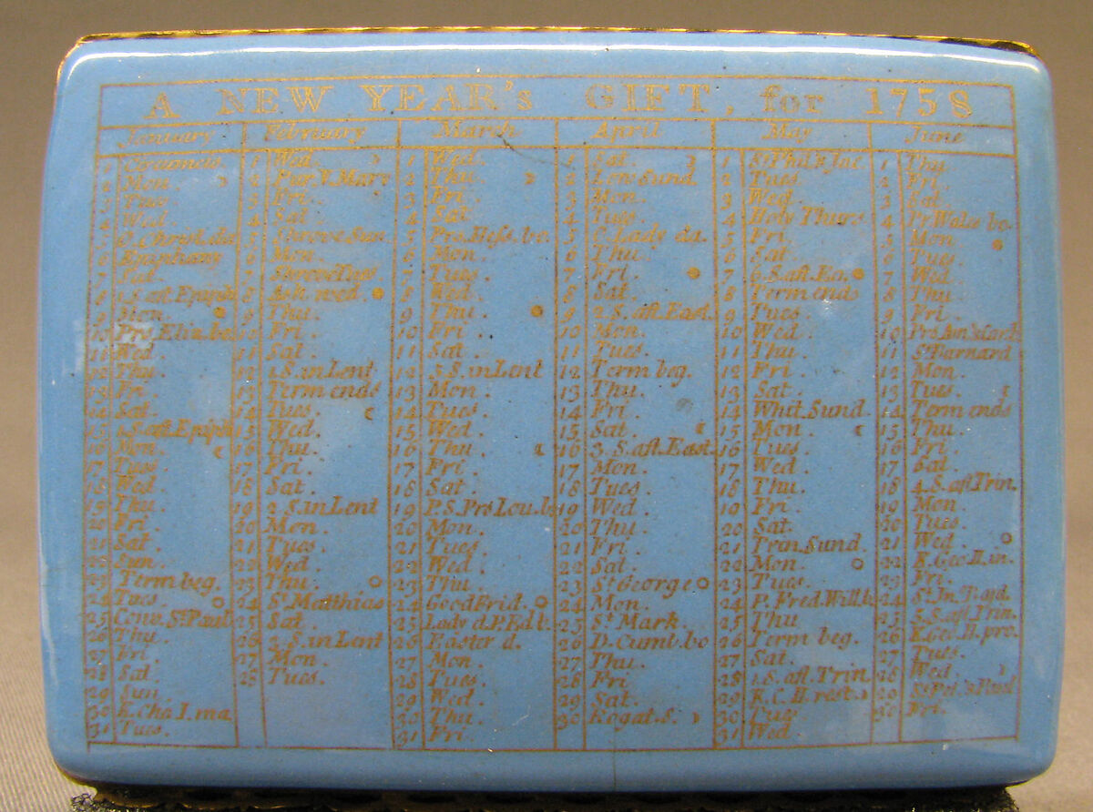 Snuffbox with calendar and saints' days for 1758, Probably enameled by Anthony Tregent, Copper, enamel, British, probably London