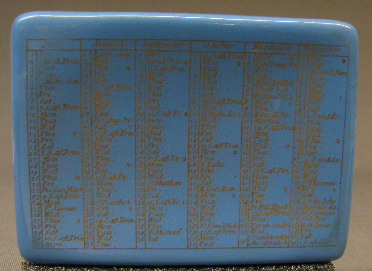 Snuffbox with calendar and saints' days for 1758, Probably enameled by Anthony Tregent, Copper, enamel, British, probably London