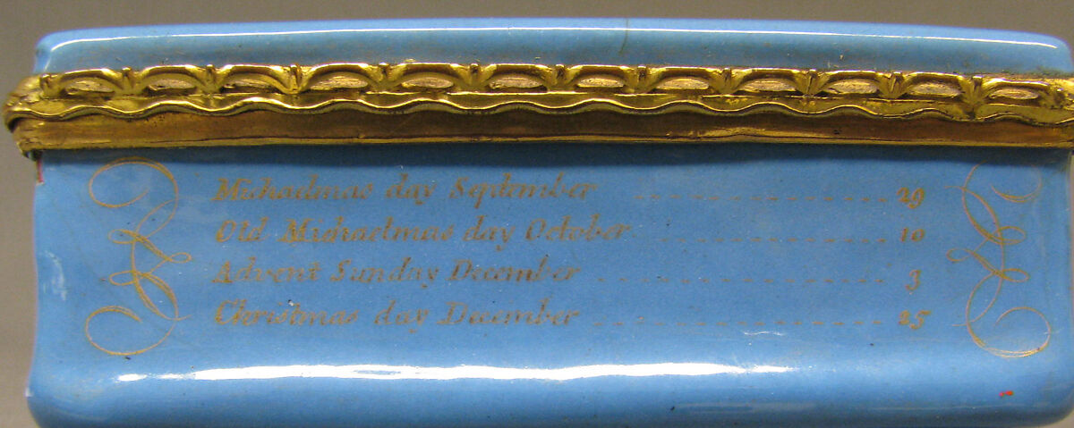 Snuffbox with calendar and saints' days for 1758, Probably enameled by Anthony Tregent, Copper, enamel, British, probably London