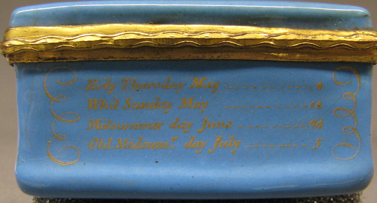 Snuffbox with calendar and saints' days for 1758, Probably enameled by Anthony Tregent, Copper, enamel, British, probably London