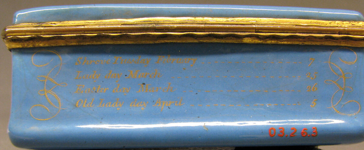 Snuffbox with calendar and saints' days for 1758, Probably enameled by Anthony Tregent, Copper, enamel, British, probably London