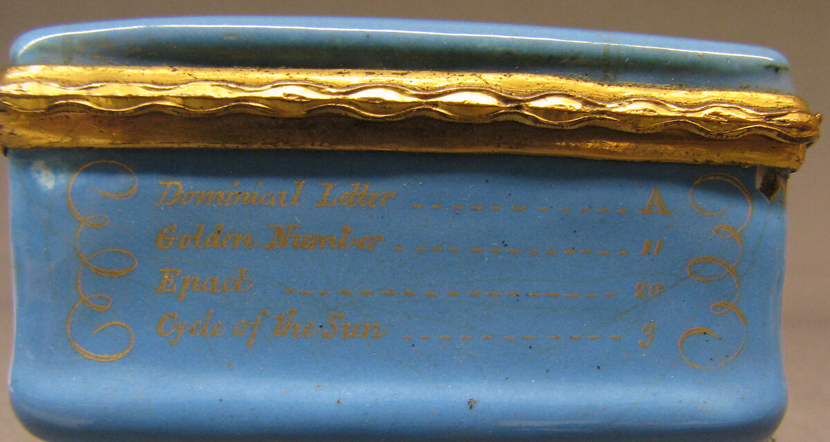 Snuffbox with calendar and saints' days for 1758, Probably enameled by Anthony Tregent, Copper, enamel, British, probably London