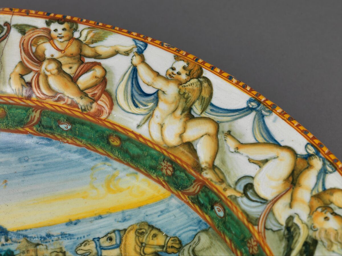 Dish with The Discovery of Achilles, Probably Fontana workshops, Maiolica (tin-glazed earthenware), Italian, Urbino