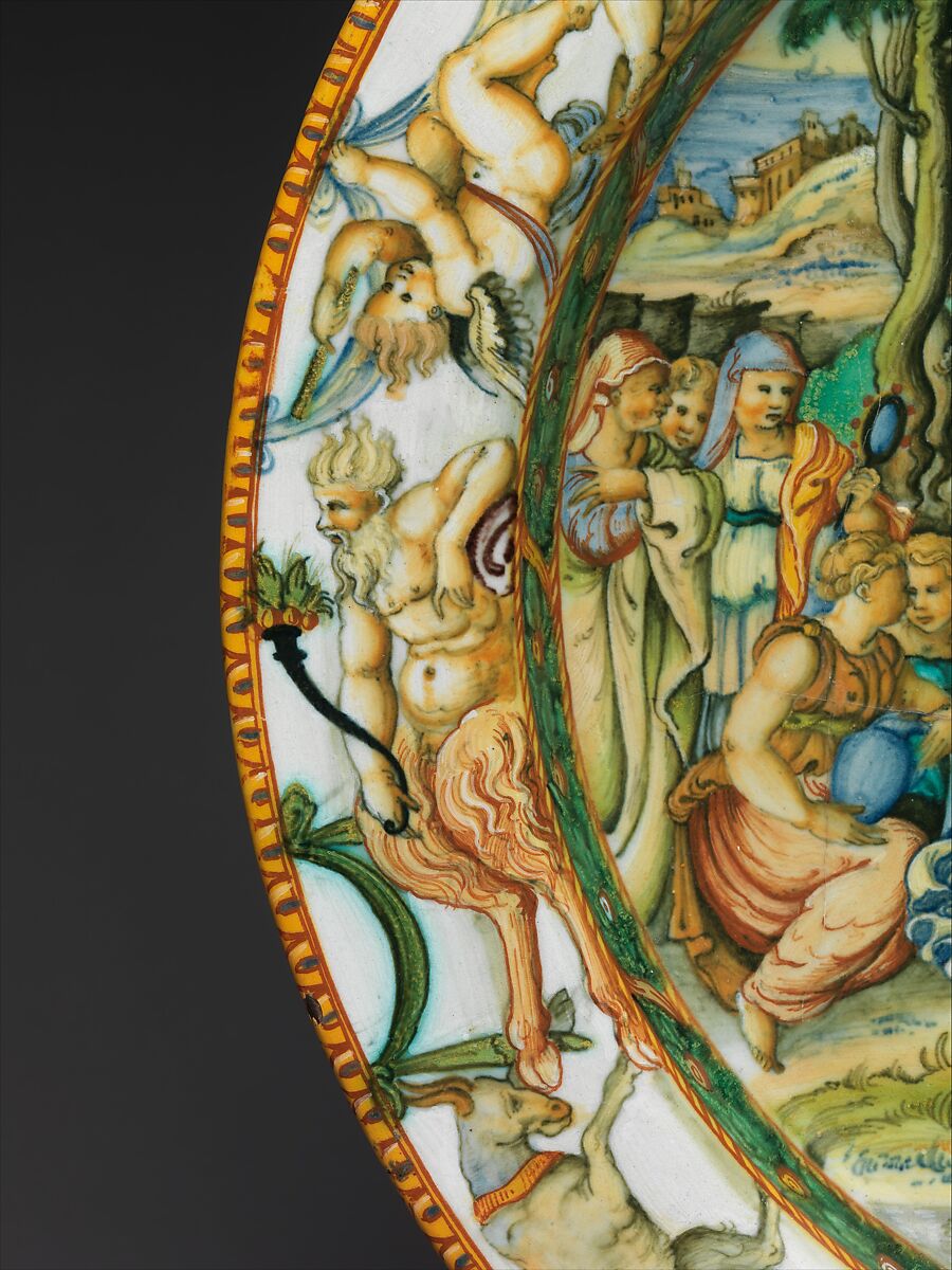 Dish with The Discovery of Achilles, Probably Fontana workshops, Maiolica (tin-glazed earthenware), Italian, Urbino