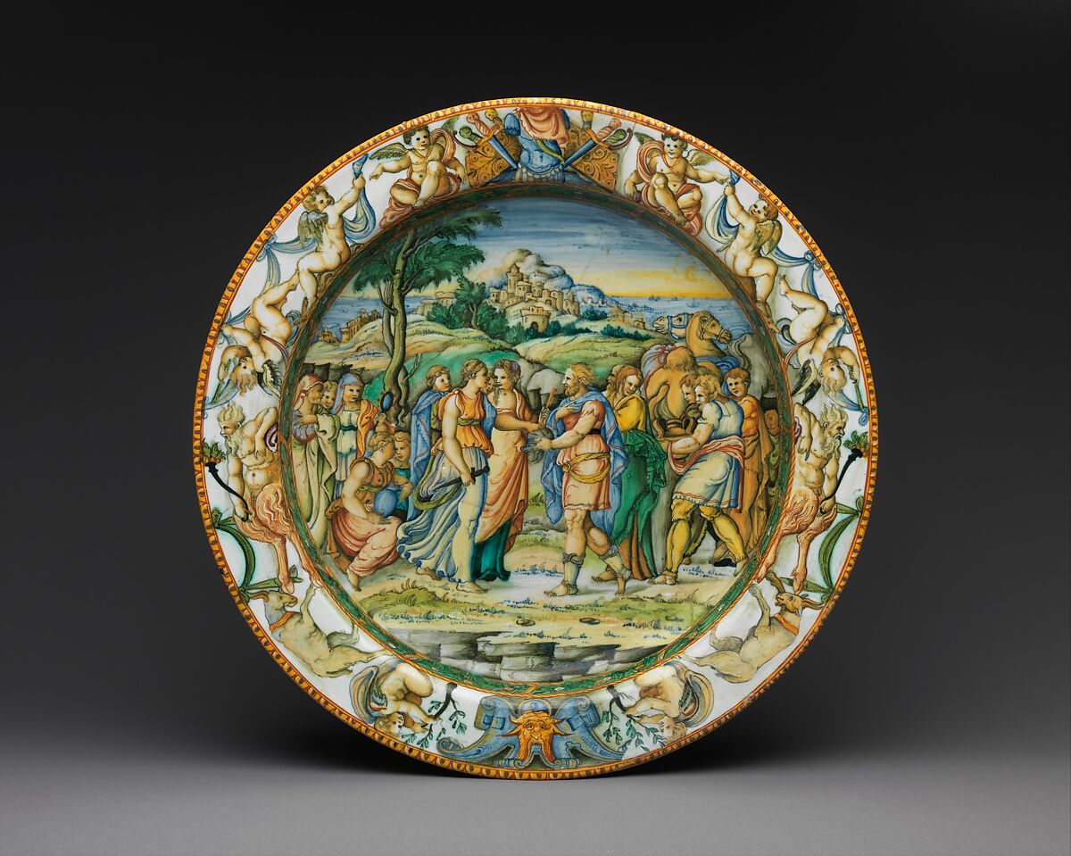 Dish with The Discovery of Achilles, Probably Fontana workshops, Maiolica (tin-glazed earthenware), Italian, Urbino 