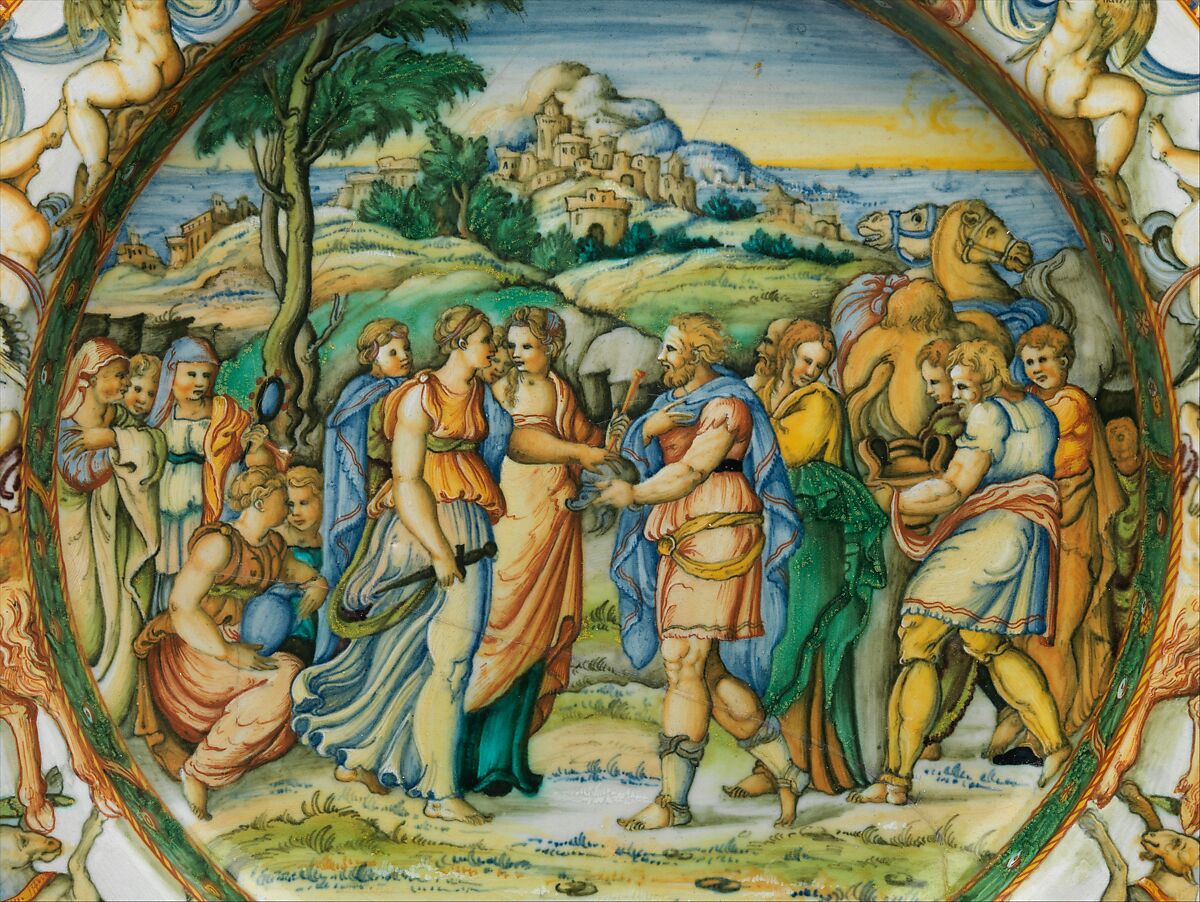 Dish with The Discovery of Achilles, Probably Fontana workshops, Maiolica (tin-glazed earthenware), Italian, Urbino