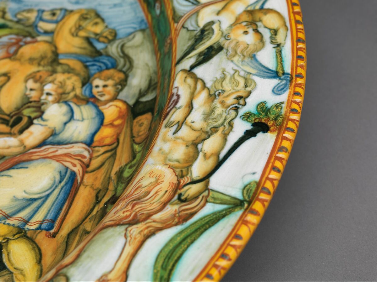 Dish with The Discovery of Achilles, Probably Fontana workshops, Maiolica (tin-glazed earthenware), Italian, Urbino
