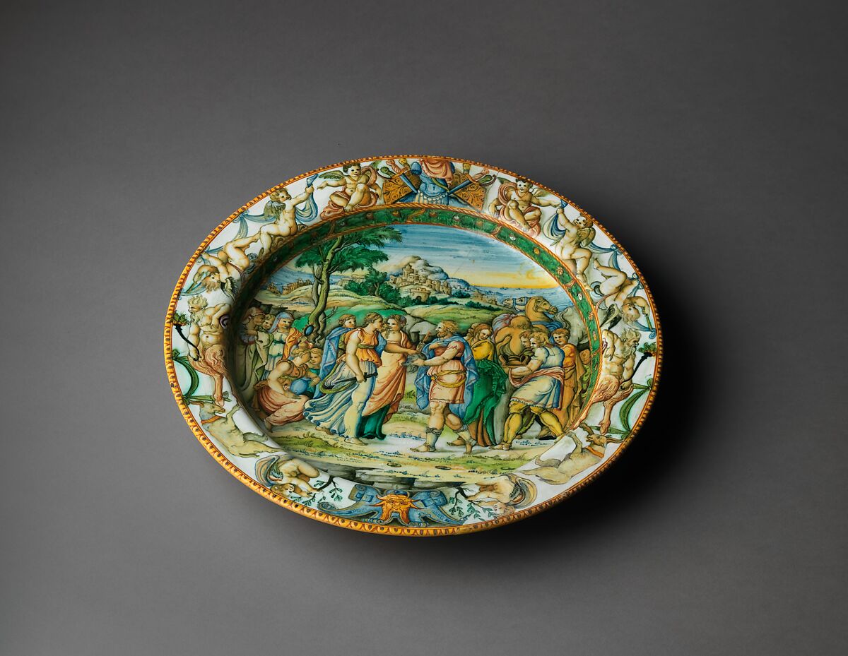Dish with The Discovery of Achilles, Probably Fontana workshops, Maiolica (tin-glazed earthenware), Italian, Urbino