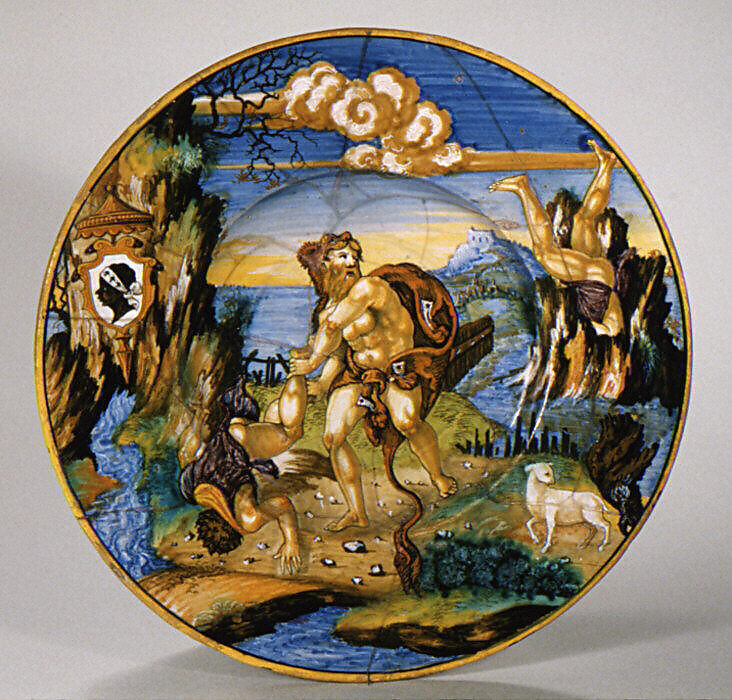 Plate with Hercules and Lichas and arms of the Pucci family, Fra Xanto Avelli da Rovigo (ca. 1486–1582), Maiolica (tin-glazed earthenware), Italian, Urbino 