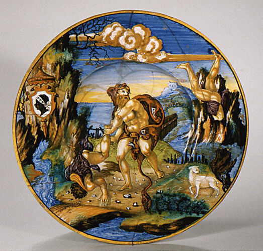 Plate with Hercules and Lichas and arms of the Pucci family