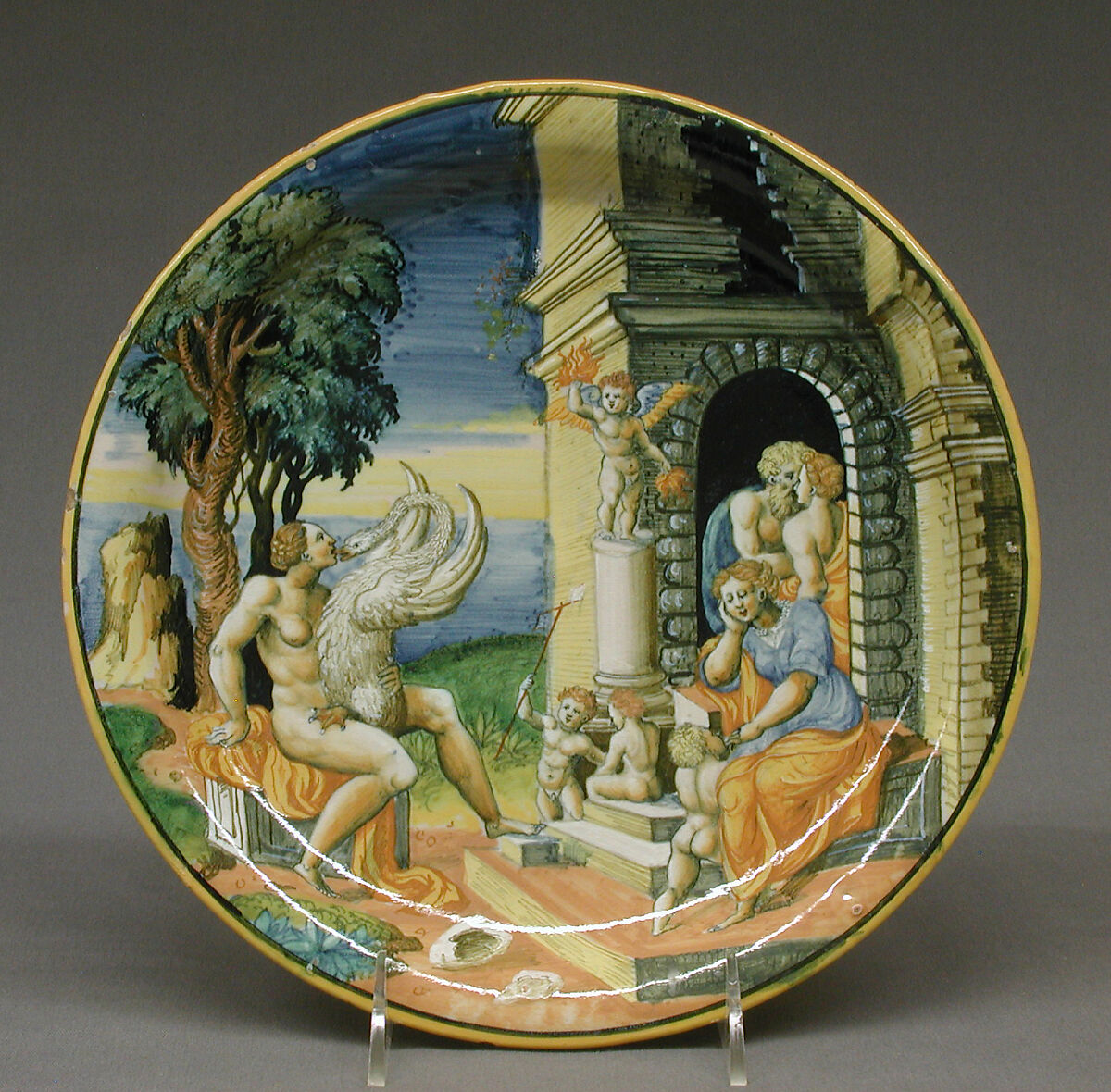 Dish depicting Leda and the Swan, Maiolica (tin-glazed earthenware), Italian, Urbino 
