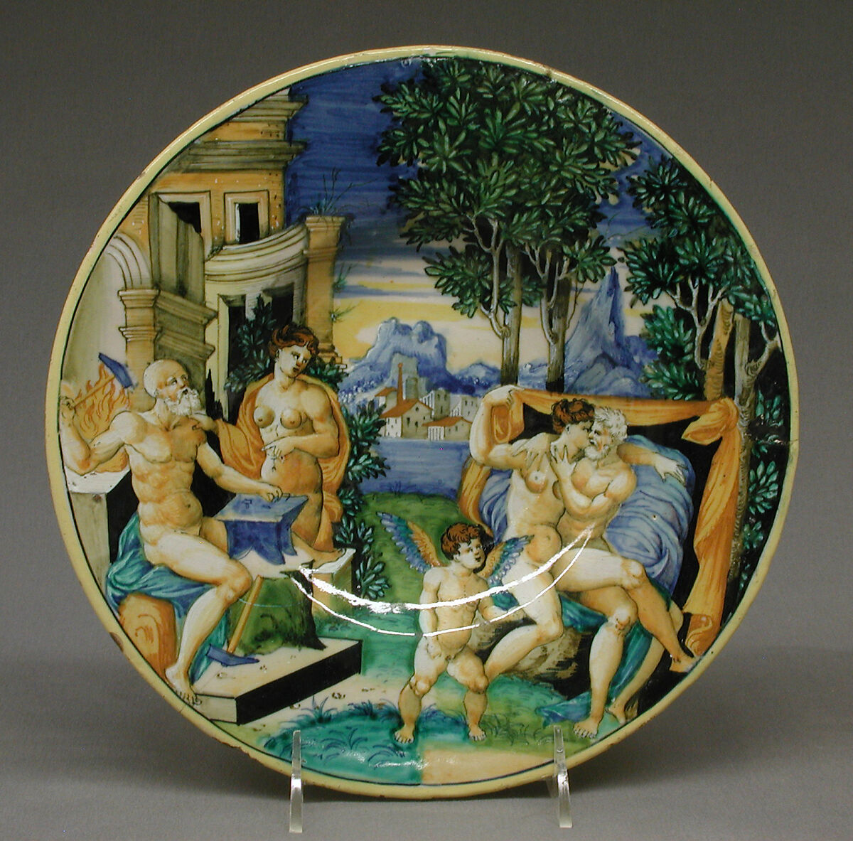 Plate depicting scene of Vulcan, Venus and Mars, Figures painted by Fra Xanto Avelli da Rovigo (ca. 1486–1582), Maiolica (tin-glazed earthenware), Italian, Urbino 