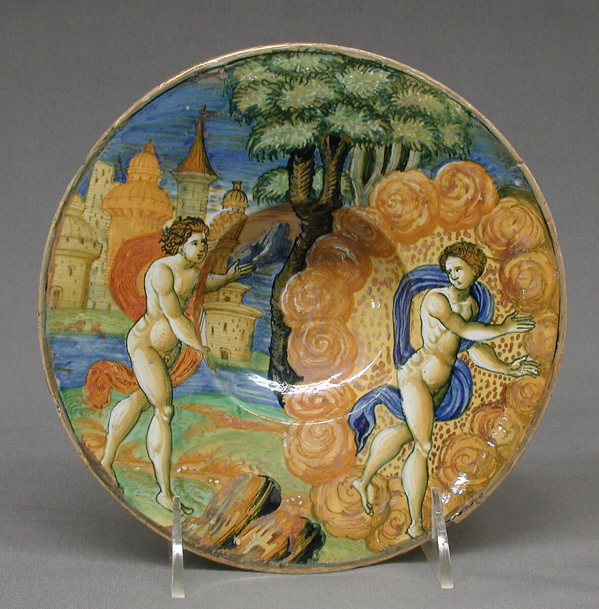 Plate, Maiolica (tin-glazed earthenware), lustered, Italian, possibly Urbino with Gubbio luster 