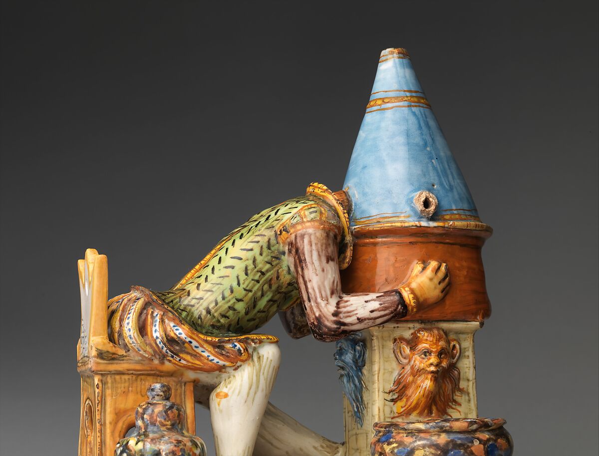 Inkstand with A Madman Distilling His Brains, Maiolica (tin-glazed earthenware), Italian, probably Urbino