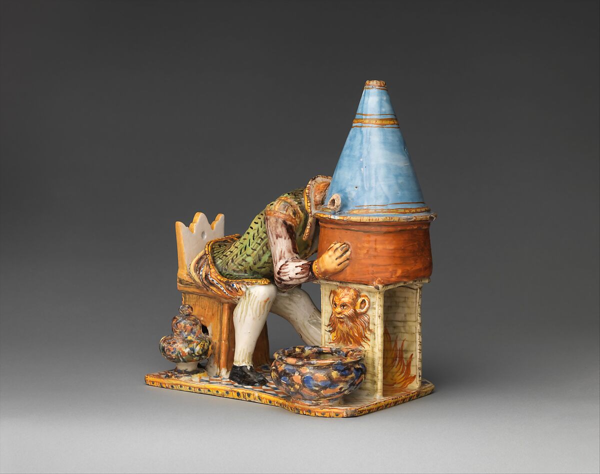 Inkstand with A Madman Distilling His Brains, Maiolica (tin-glazed earthenware), Italian, probably Urbino 