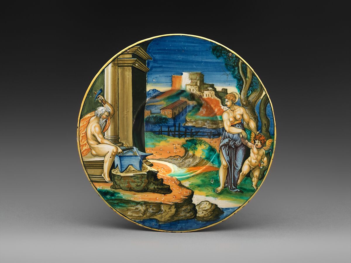 Wide-rimmed bowl with Vulcan Forging Arms with Venus and Cupid, Fra Xanto Avelli da Rovigo (ca. 1486–1582), Maiolica (tin-glazed earthenware), Italian, probably Urbino 