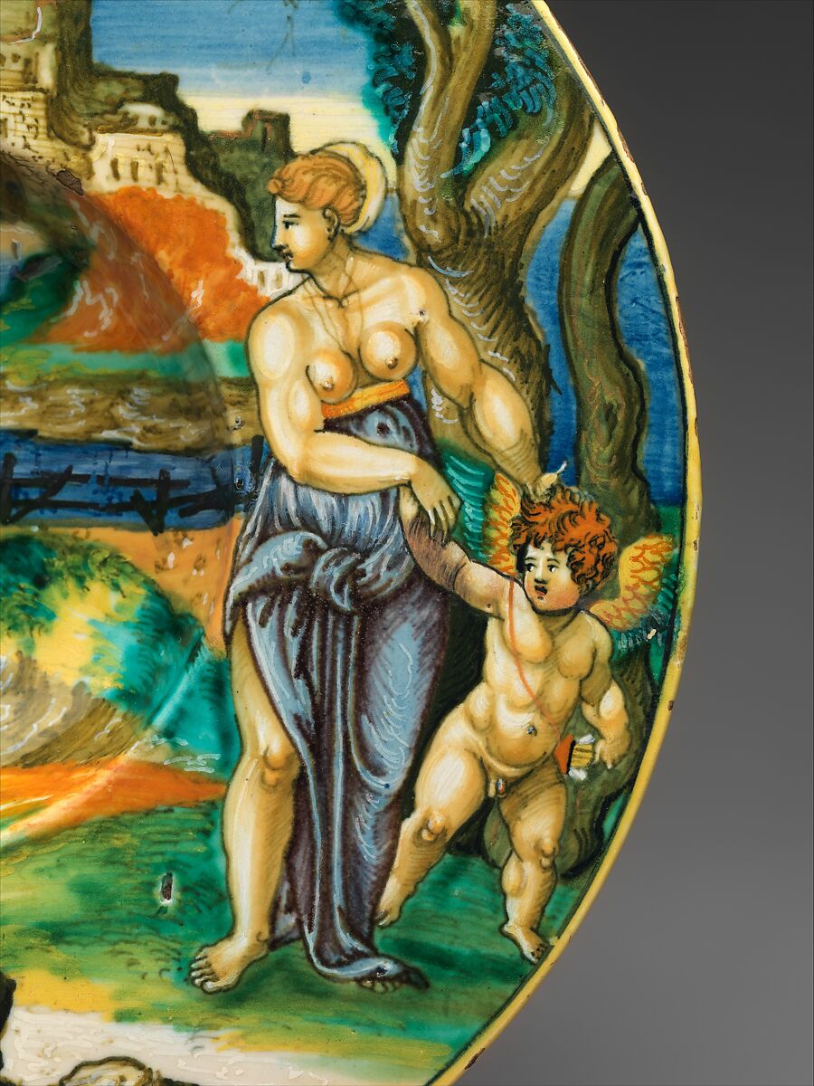 Wide-rimmed bowl with Vulcan Forging Arms with Venus and Cupid, Fra Xanto Avelli da Rovigo (ca. 1486–1582), Maiolica (tin-glazed earthenware), Italian, probably Urbino